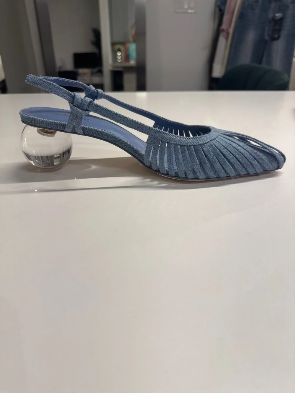 cult gaia Alia blue denim pleated slingback pointed-toe heels size 38.5 Lake